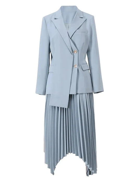 Alaina Two Piece Set For Women Irregular Long Sleeve Blazers Coat Asymmetric Contrast Color Pleated Skirt