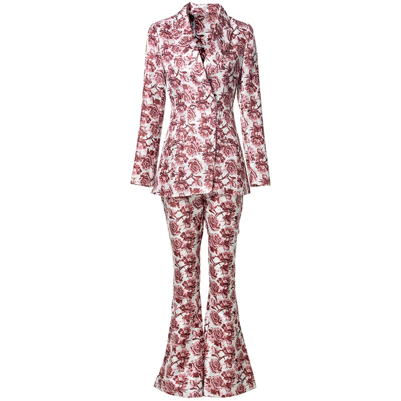 Luna Notched Long Sleeve Coat + Flare Pants Rose Print Office Lady 2 piece Set