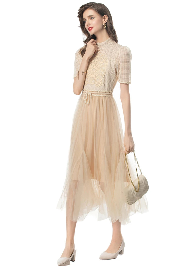 Lena Short-Sleeved High Waiste Lace-Up Vintage Elegant Party Dress