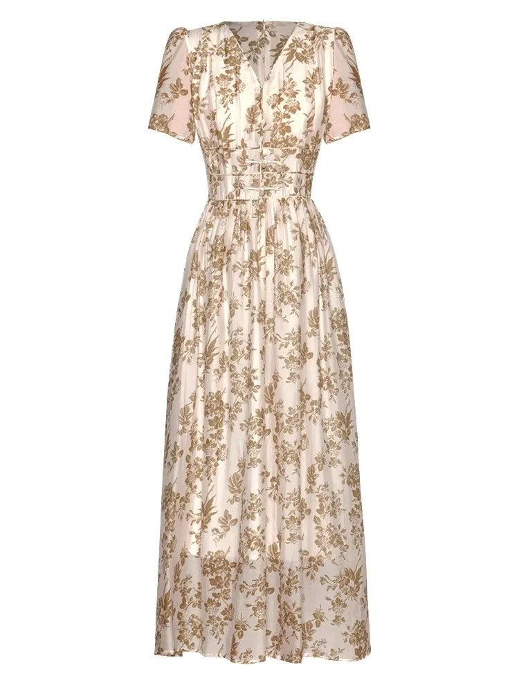 Mariela  V-Neck Short Sleeve Beading Disc Buckle Flower Print Vintage Long Dress