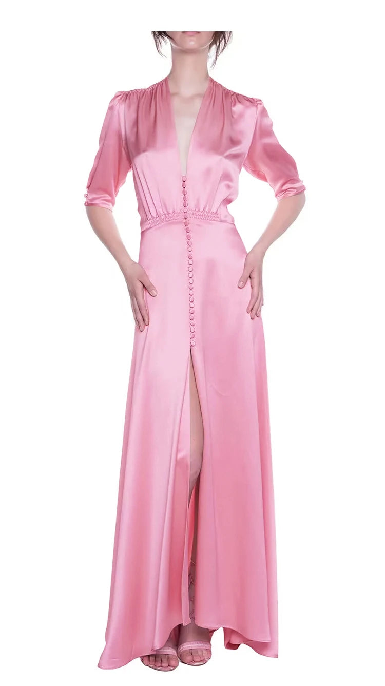 Taliyah V Neck Half Sleeve Button Elastic Waist Slim Irregular Long Dress