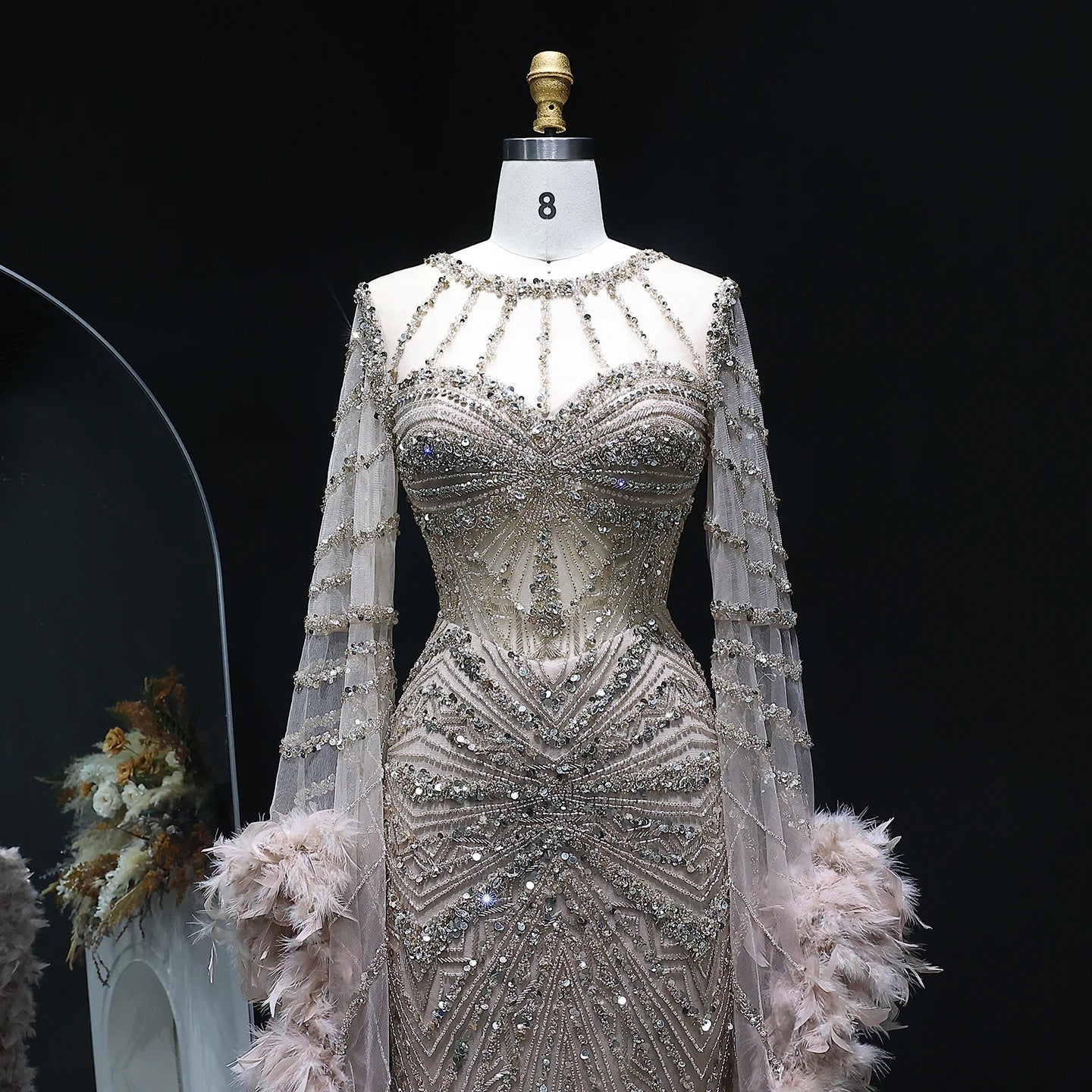 Joyanne Beaded Mermaid Evening Dress with Feather Cape Sleeves