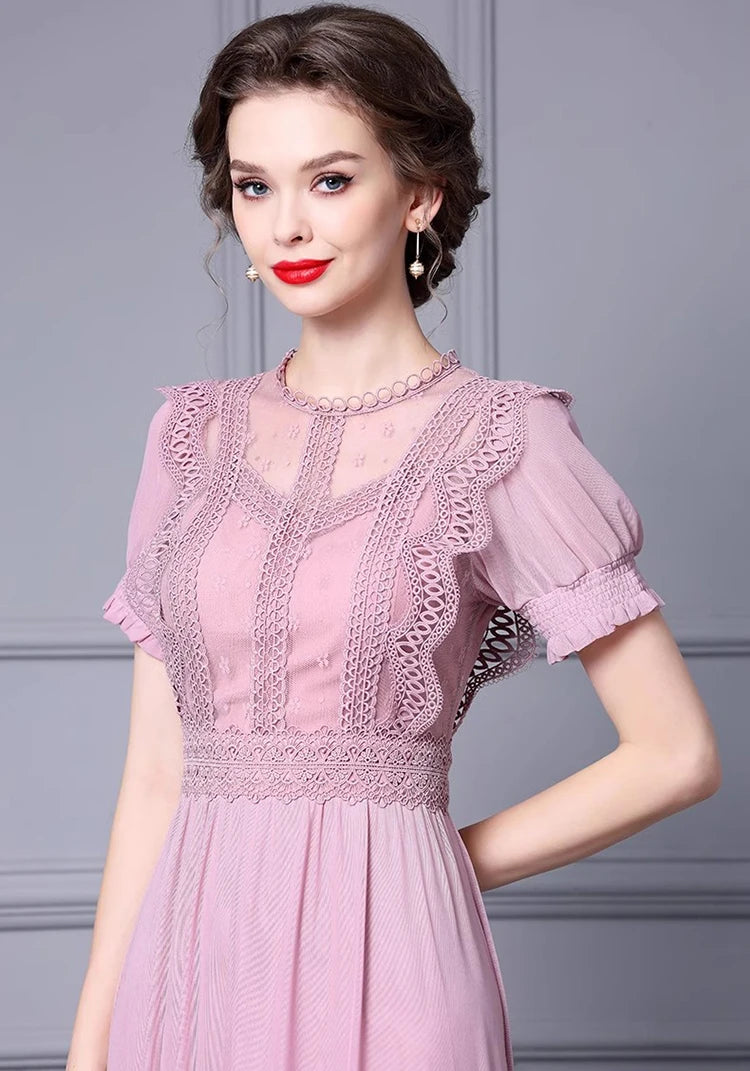 Jaliyah Short-sleeved Lace Splicing Luxury Vintage Party High Waist Stripe Dress