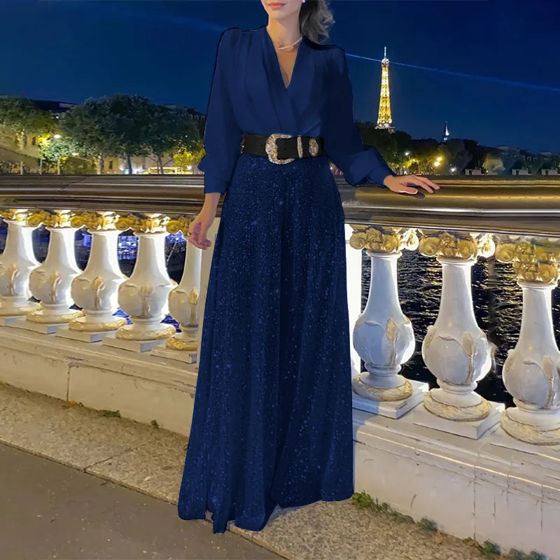 Taru Splice Sequins Maxi Dresses For Women Fashion Folds Loose V Neck Elegant Dress Femme Party Evening Dresses Luxury 2023