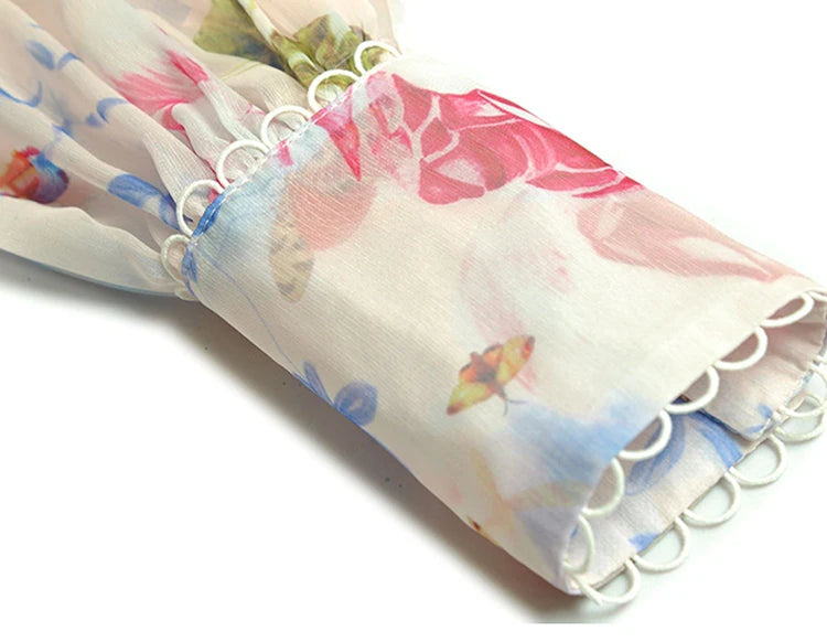 Jolane Bohemian Chiffon Floral Print Sashes Single Breasted Lace-up Dress