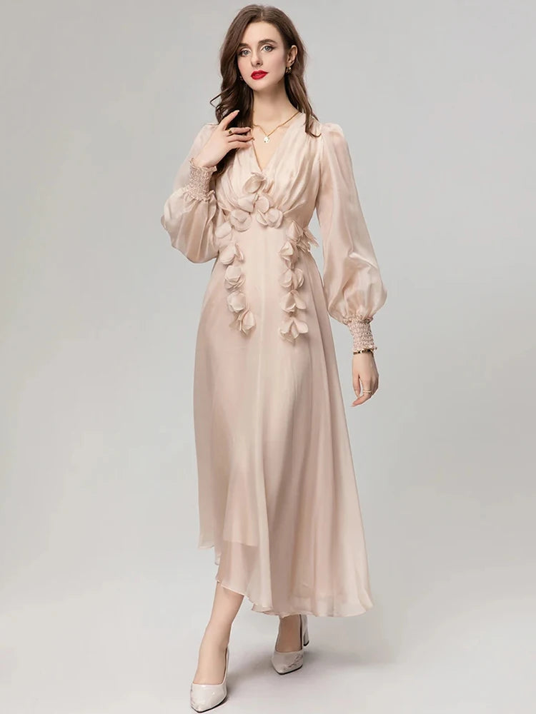 Sky V-Neck Lantern Sleeve Appliques Lace-up Backless Elegant Party Long Dress