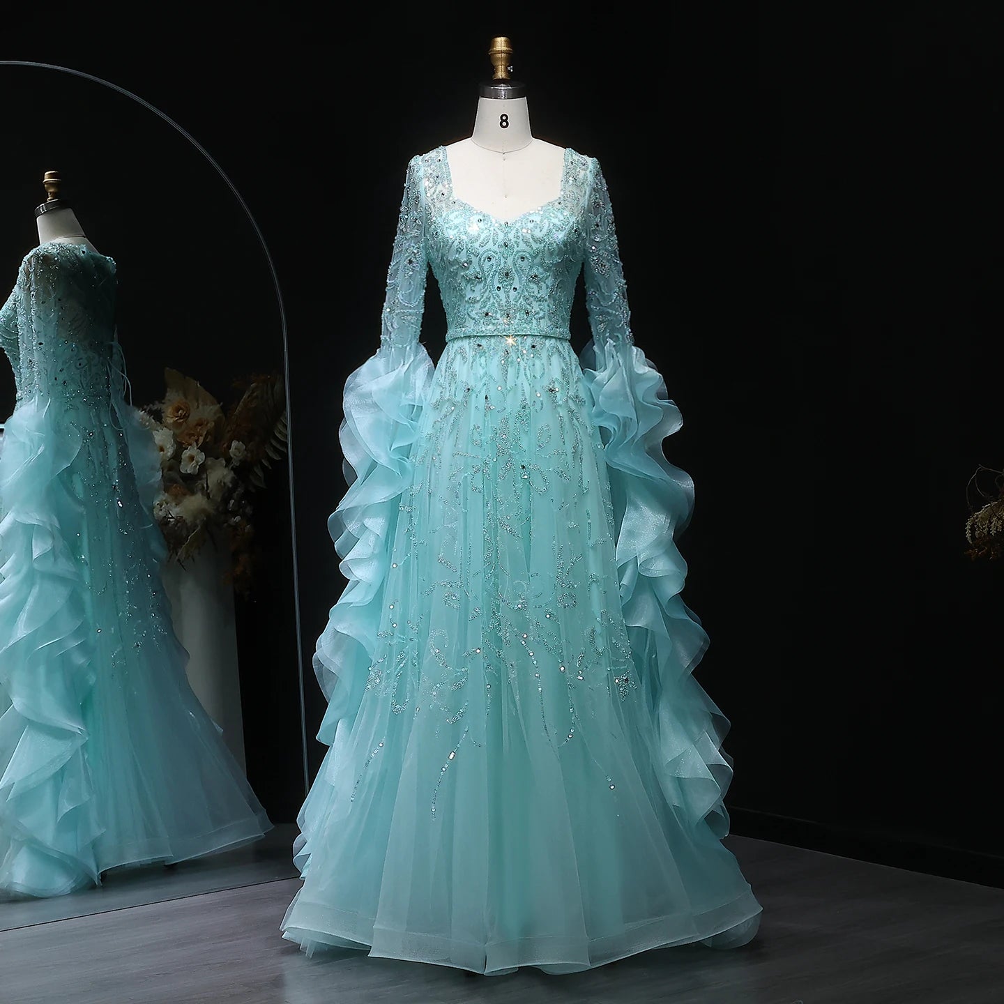 Althea Aqua Luxury Long Sleeve Evening Dress Arabic Beaded Ruffles Gown