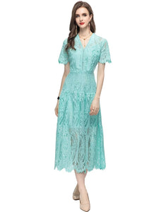 Dream V-Neck Short Sleeve Hollow Out Solid Color Elegant Party Long Dress
