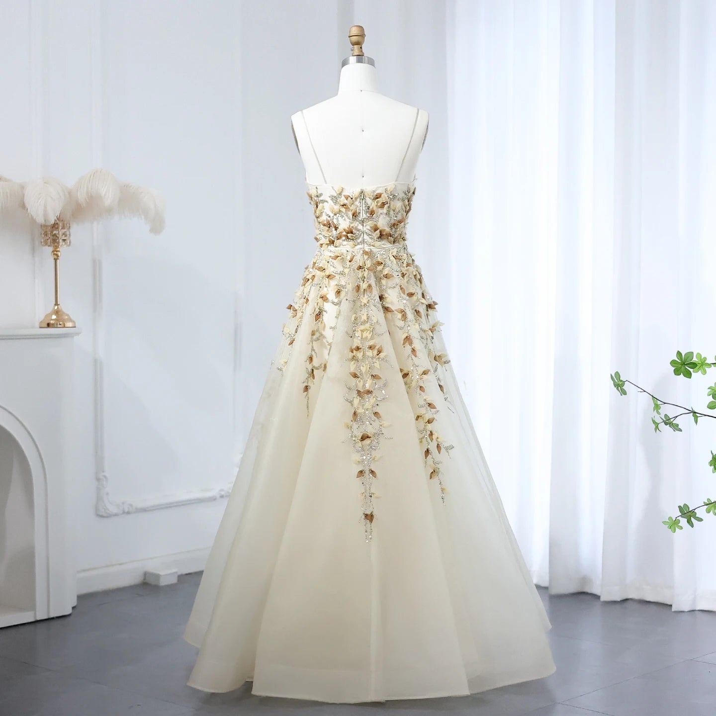 Elegant Beige with 3D Floral Embroidery A-Line  Luxury Dress