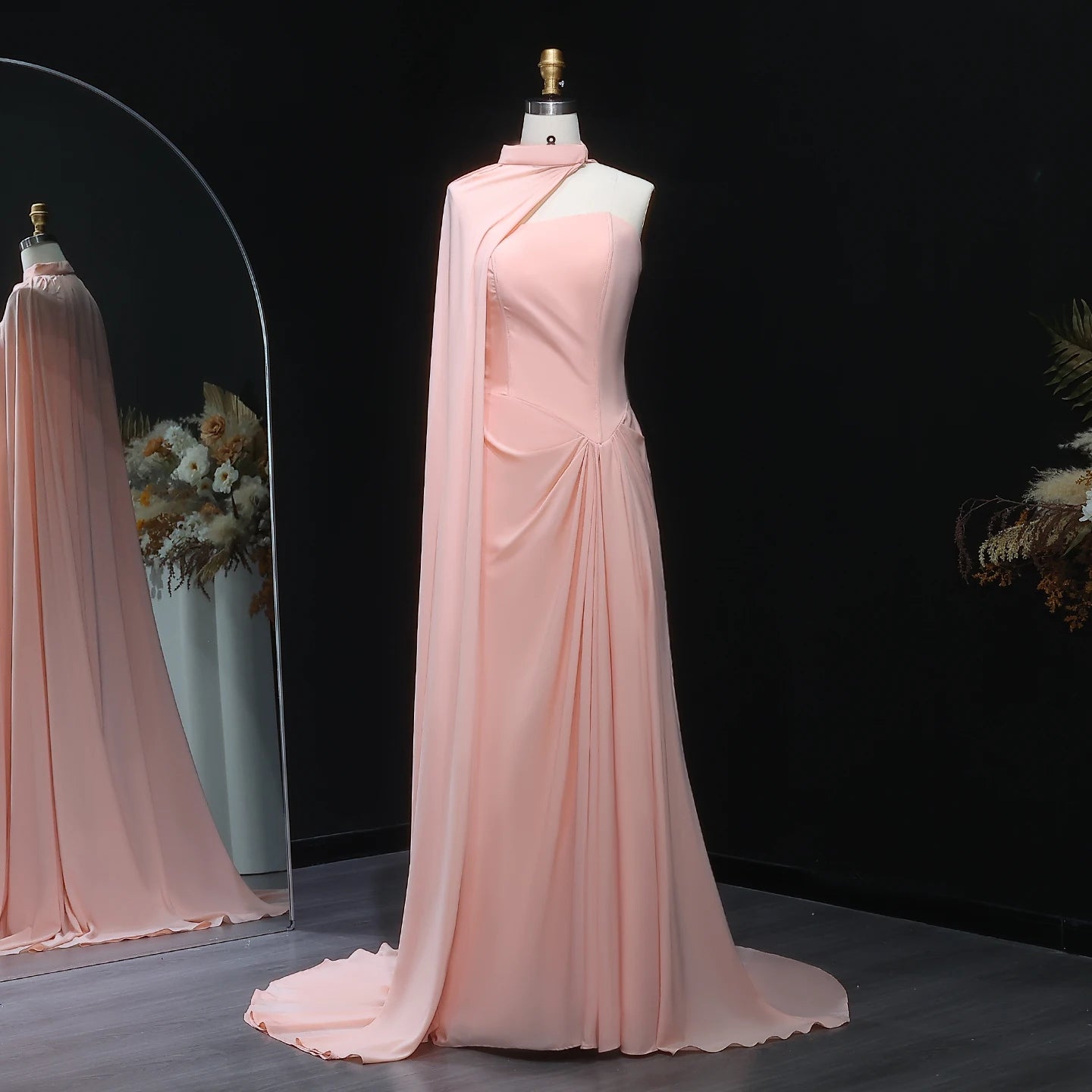 Breka Blush Pink Pleated Mermaid Evening Dress