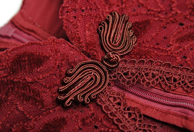 Nur Velvet Print Hollow Lace Up Spliced Long Sleeve High Waist Elegant Dress