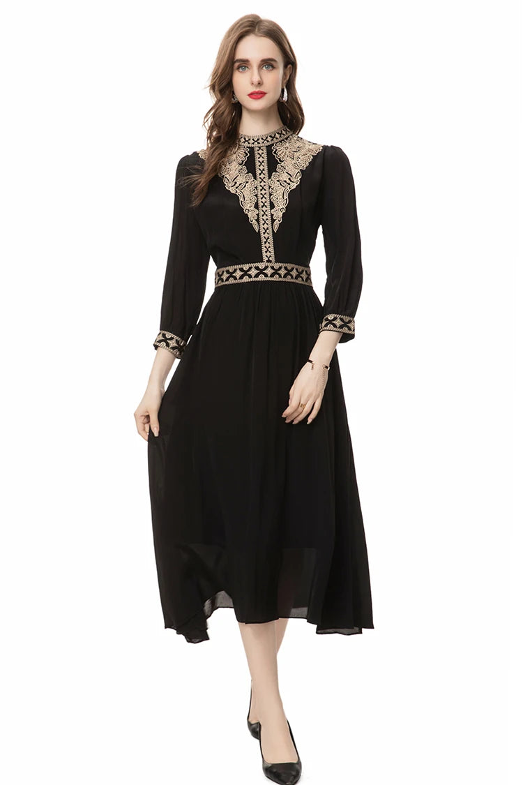 Roselyn Embroidery Ruched Net Yarn O-Neck Three Quarter Mid-Calf Dress
