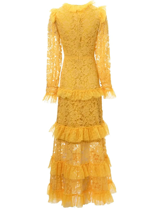 Aria Maxi Dress Women O-Neck Long Sleeve Hollow Out Mesh Ruffles Vintage Party Dress