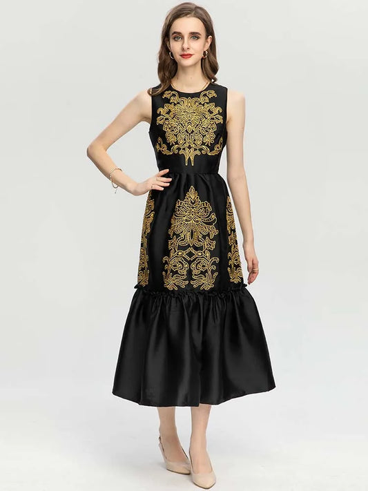 Soleil Ärmelloses Vintage-Kleid mit Stickerei und hoher Taille