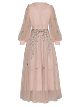 Load image into Gallery viewer, Mavis Autumn Mesh O-Neck Lantern Sleeve Sequins Floral Embroidery Vintage Party  Maxi Dress