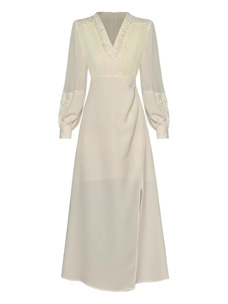 Madeline V-Neck Lantern Sleeve Beading Folds Vintage Solid Color Slit Dress