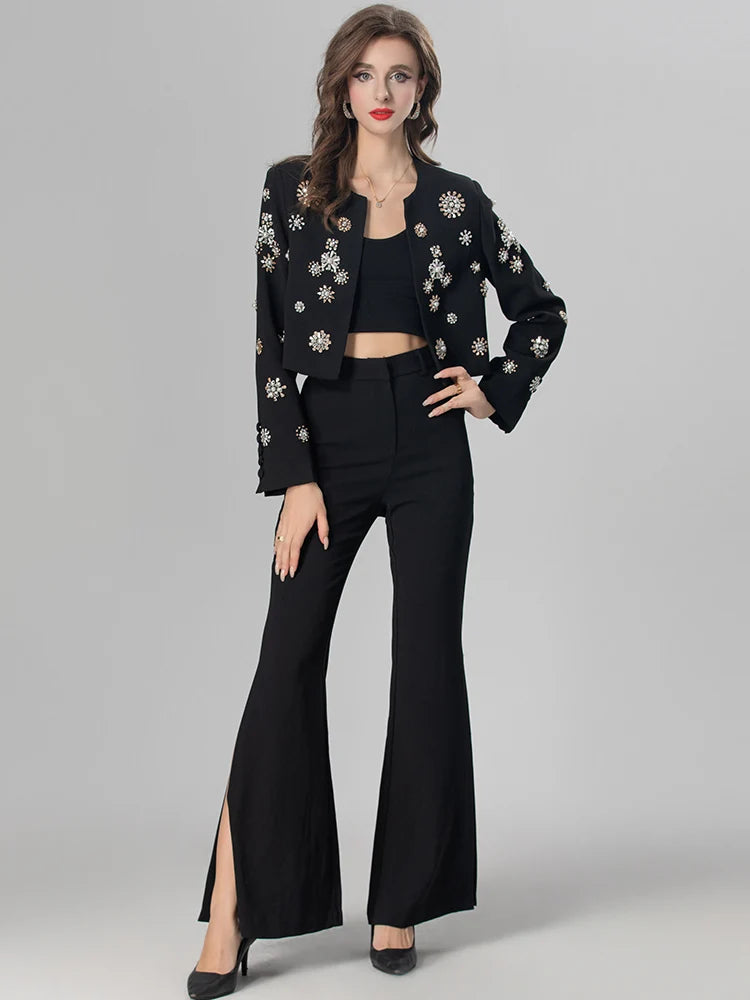 Kirsten Crystals Diamonds Coat + Slit Flare Pants High Street Two Piece Set