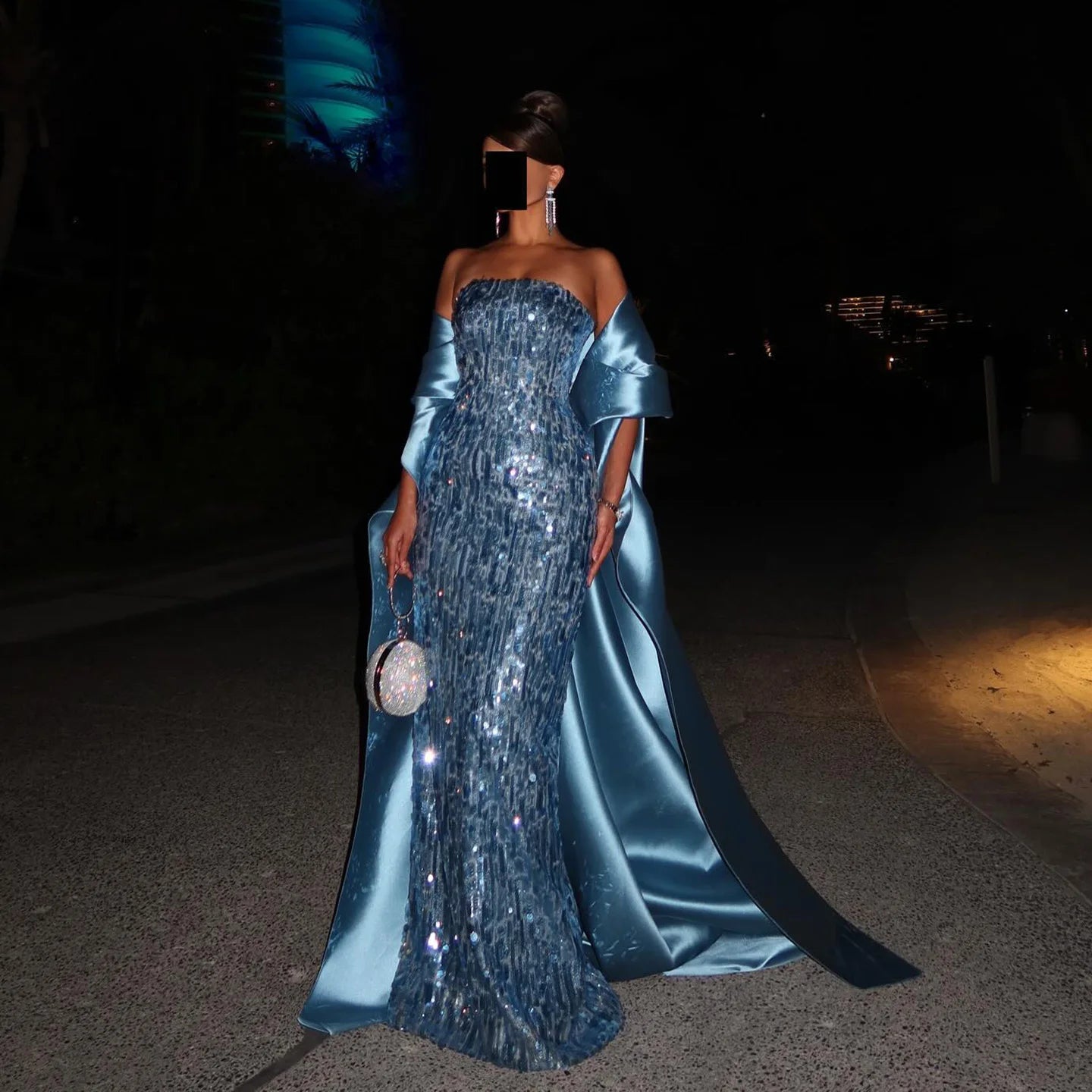 Isabel Strapless Sequin Blue Evening Dress with Satin Train