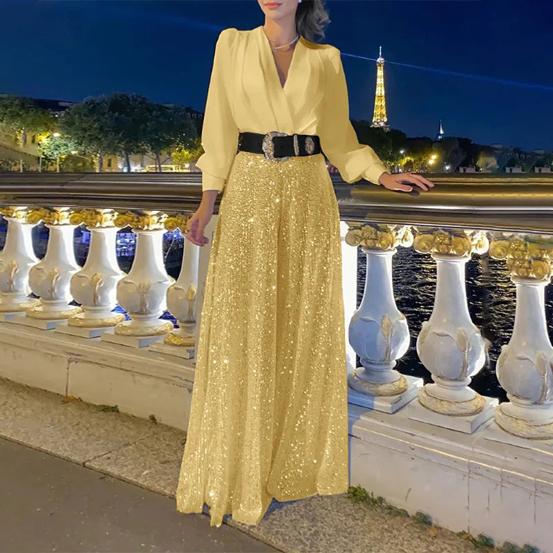 Taru Splice Sequins Maxi Dresses For Women Fashion Folds Loose V Neck Elegant Dress Femme Party Evening Dresses Luxury 2023
