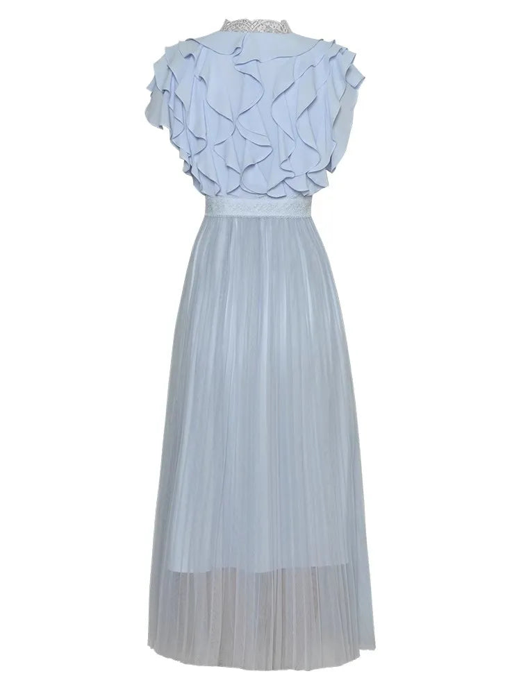 Angel V-Neck Butterfly Sleeve Pleated Mesh Patchwork Dress