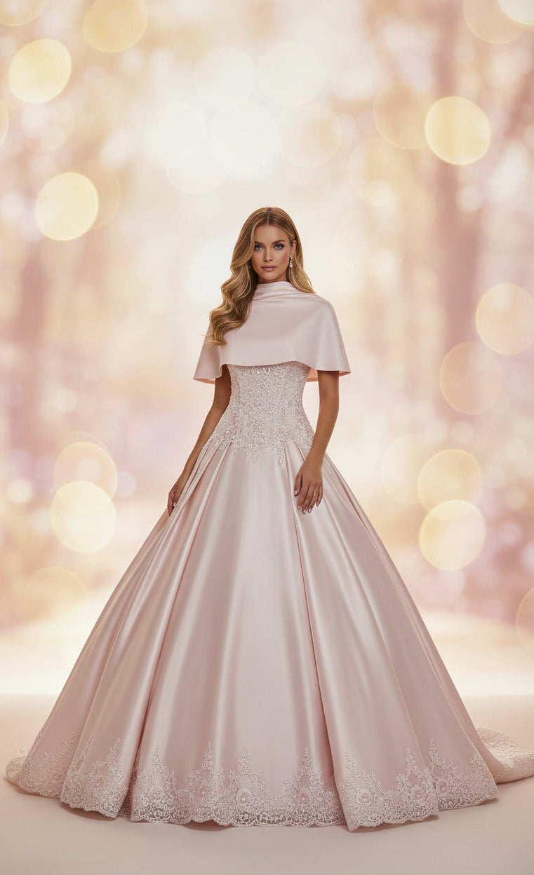 Elena Satin High Pink Ball Gown Elegant Evening Gown Blush Detachable Capelet Dress