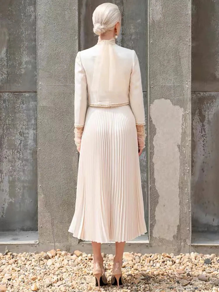 Pearl 2 Pcs Set O-neck Pearl Long Sleeve Short Top &  Pleated High Waist Loose Fashion Skirt Suit