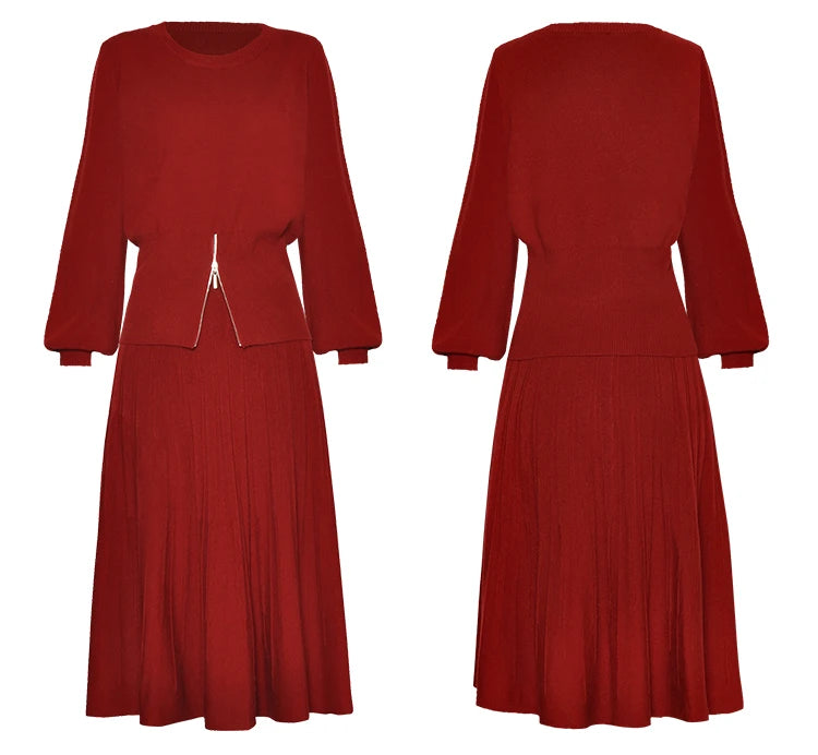 مجموعة تنورة Lani Red Vintage للسيدات بأكمام واسعة وسترة رفيعة مرنة + تنورة طويلة مكونة من قطعتين