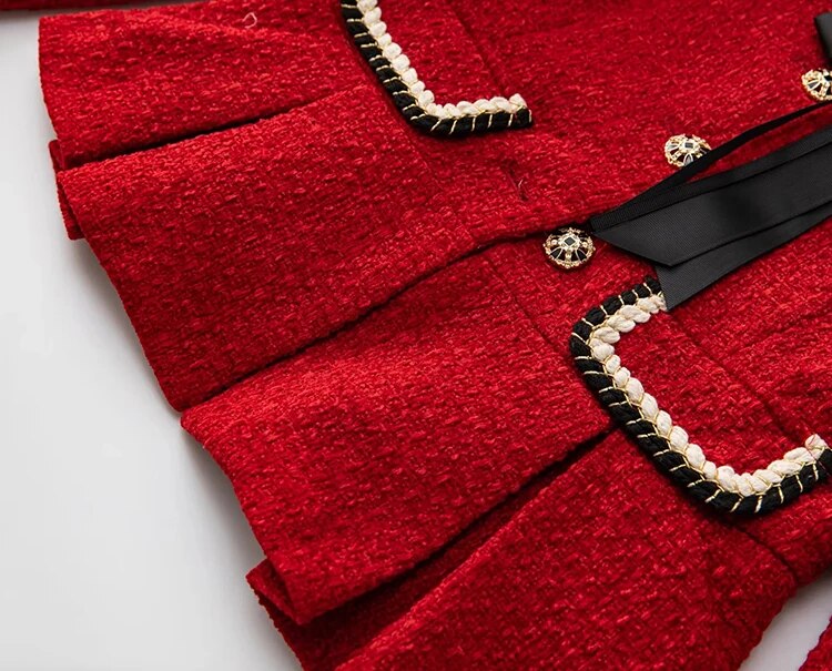 Avianna Autumn Tweed Suit Women Bow O-Neck Long Sleeve Slim Jacket + Pencil Skirt Vintage 2 Piece Set