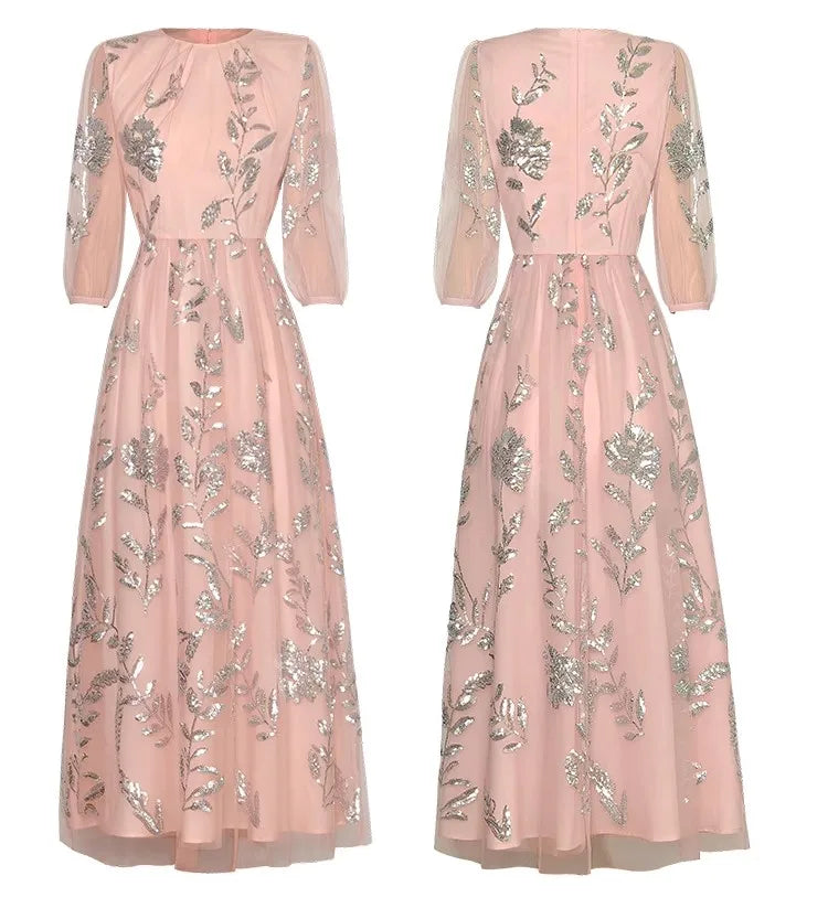 Aislynn O-Ausschnitt Laternenärmel Pailletten Blumen Hohe Taille Vintage Kleid