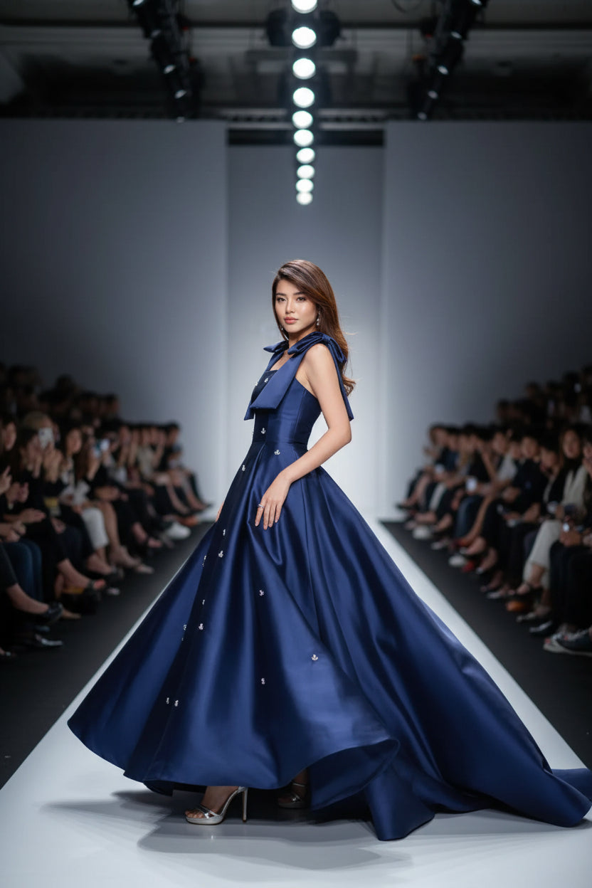 Naomi Blue Beaded Long Bespoke Occasion Gown Evening Dress