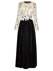 Thalia O-Neck Long Sleeve Mesh Embroidery Appliques Velvet Patchwork Vintage Dress