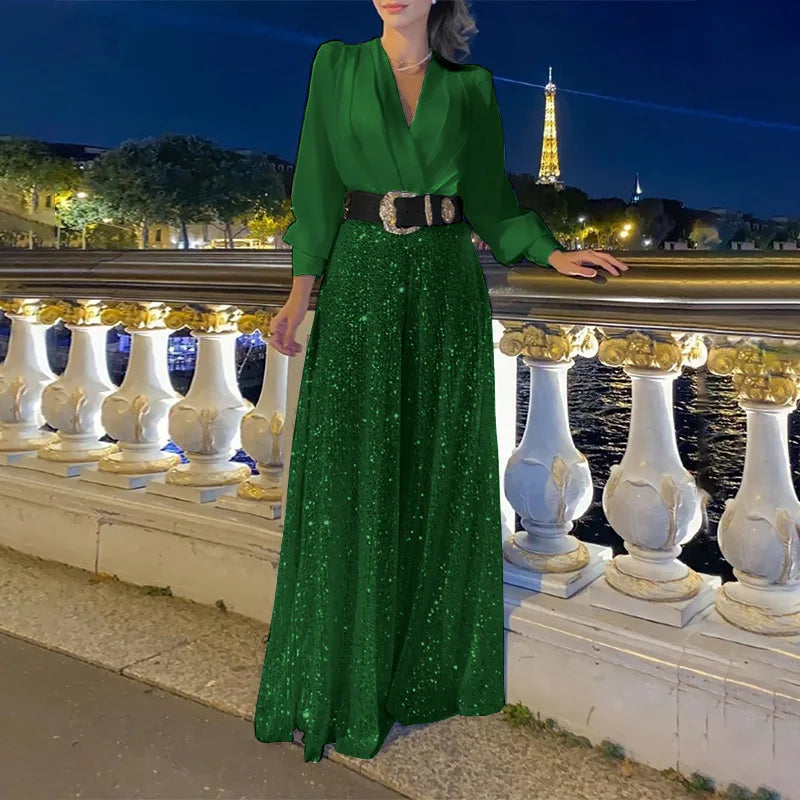 Taru Splice Sequins Maxi Dresses For Women Fashion Folds Loose V Neck Elegant Dress Femme Party Evening Dresses Luxury 2023