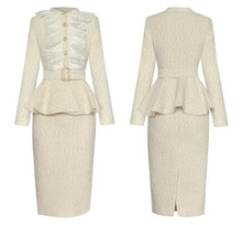 Load image into Gallery viewer, Frankie Autumn Tweed Suit Women Long Sleeve Ruffle Beading Belt Coat + Pencil Skirt Office Lady 2 Piece Set