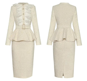 Frankie Autumn Tweed Suit Women Long Sleeve Ruffle Beading Belt Coat + Pencil Skirt Office Lady 2 Piece Set