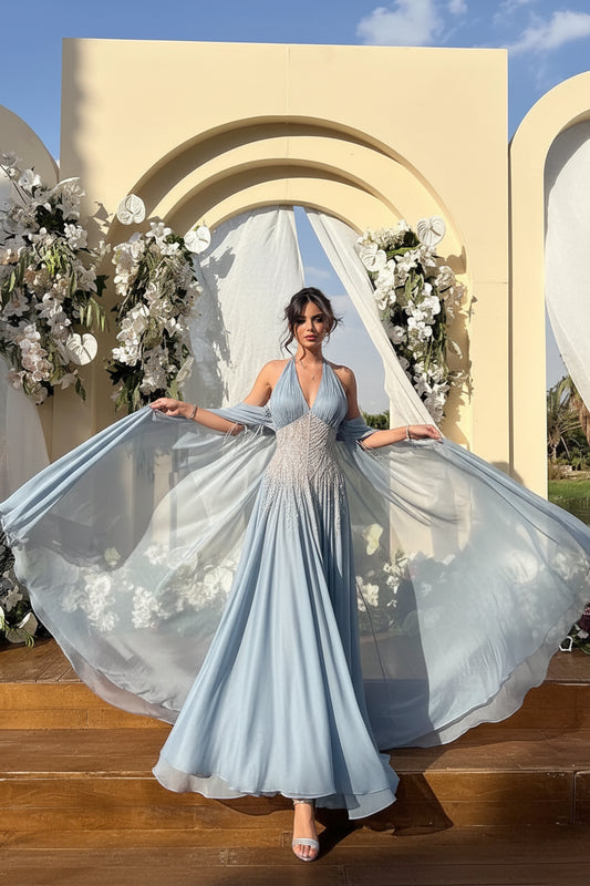 Orchid Blue Chiffon Evening Dress Halter A Line Formal Occasion Dress