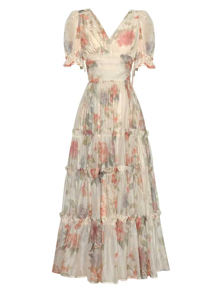 Casey Bohemian Floral Print Ruched Cascading Ruffle Lace Up Backless Dress