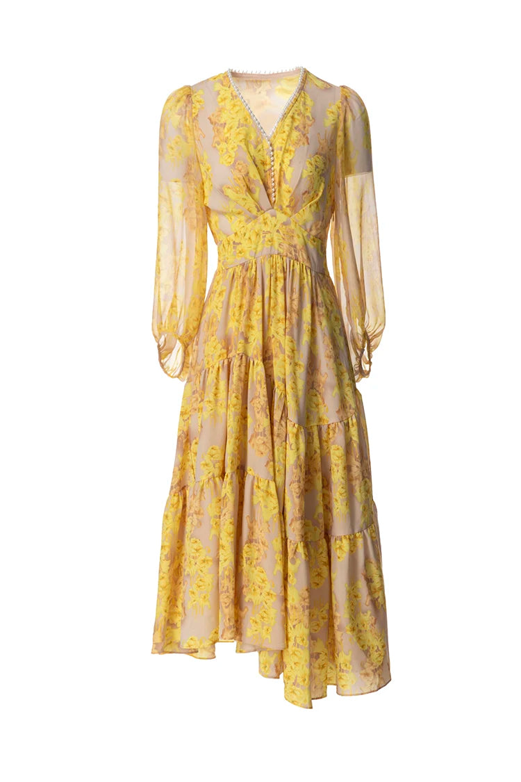 Lylah Vintage  Floral Print Midi Dress Women V Neck Beading Elastic Waist Irregular Ruffles Hem Dress