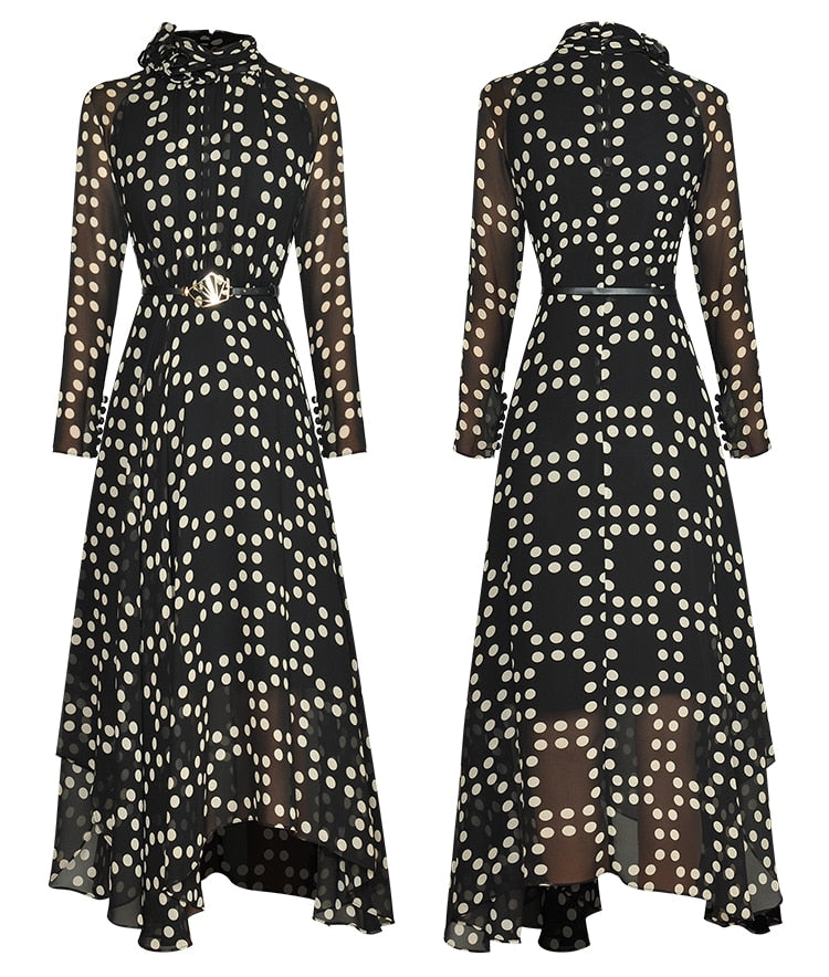 Zara Long Sleeve Polka Dots Lace-up Chiffon Dress