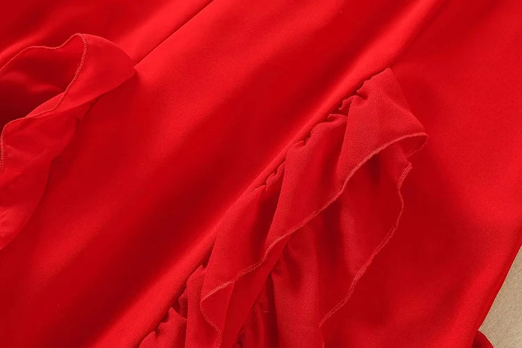 Darcie V-Neck Flying Sleeve Ruffles Red Vintage High Waist Dress