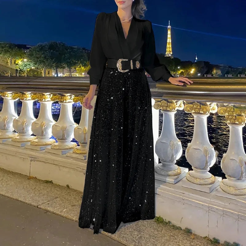 Taru Splice Sequins Maxi Dresses For Women Fashion Folds Loose V Neck Elegant Dress Femme Party Evening Dresses Luxury 2023