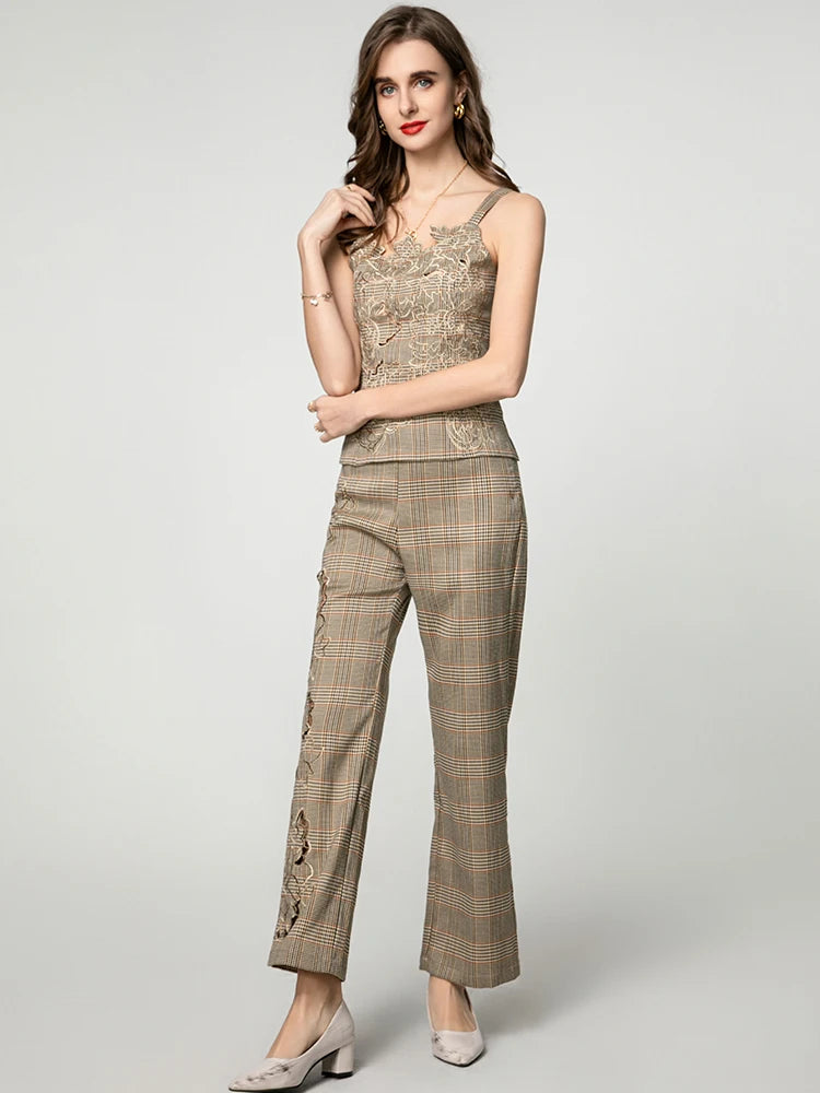 Mila Hollow Out Plaid Sleeveless Top + Trousers Office Lady 2 piece Set