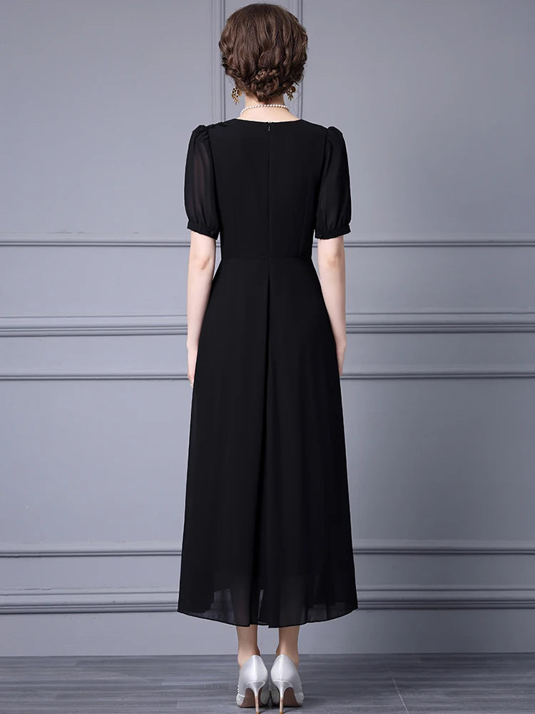 Ambar V-Neck Short Sleeve Crystal Embroidery Appliques Elegant Party Long Dress