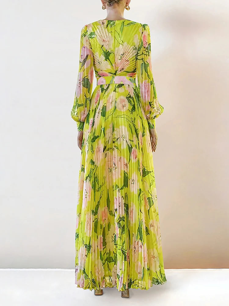 Elaine Pleated Floral Long Dress