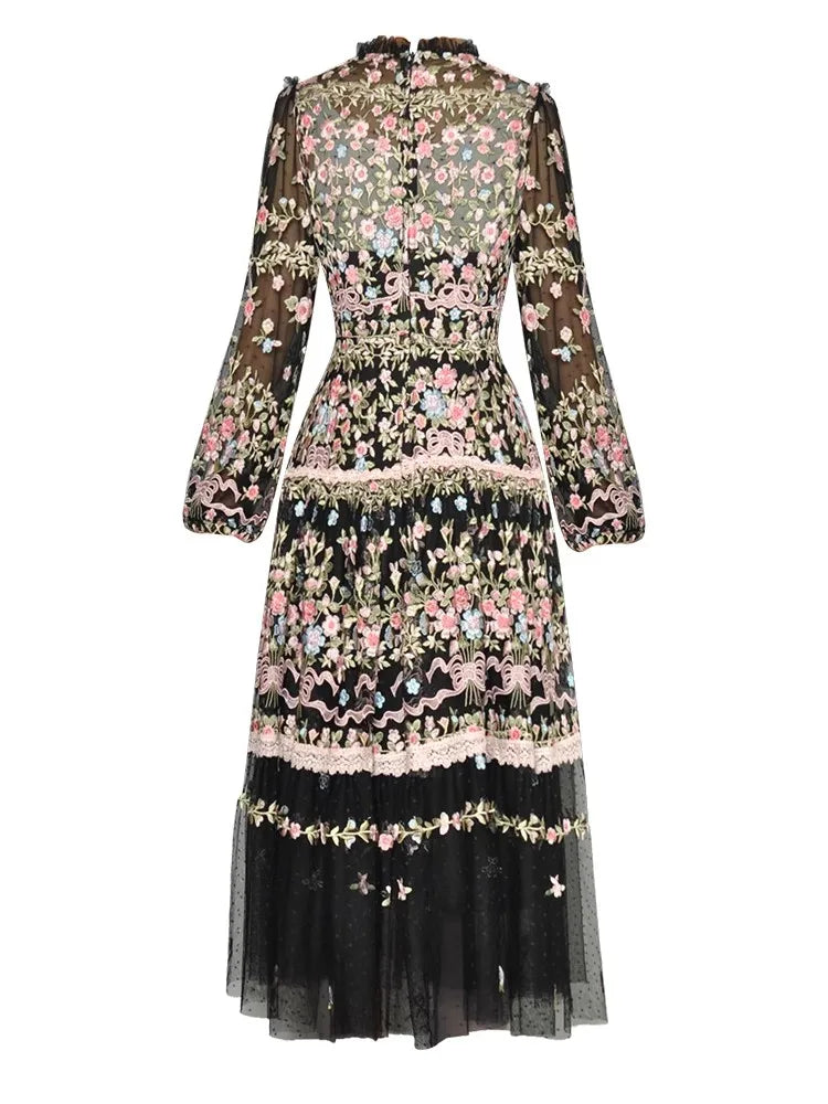Joyce Mesh O-Neck Lantern Sleeve Floral Embroidery Black Vintage High Waist Dress