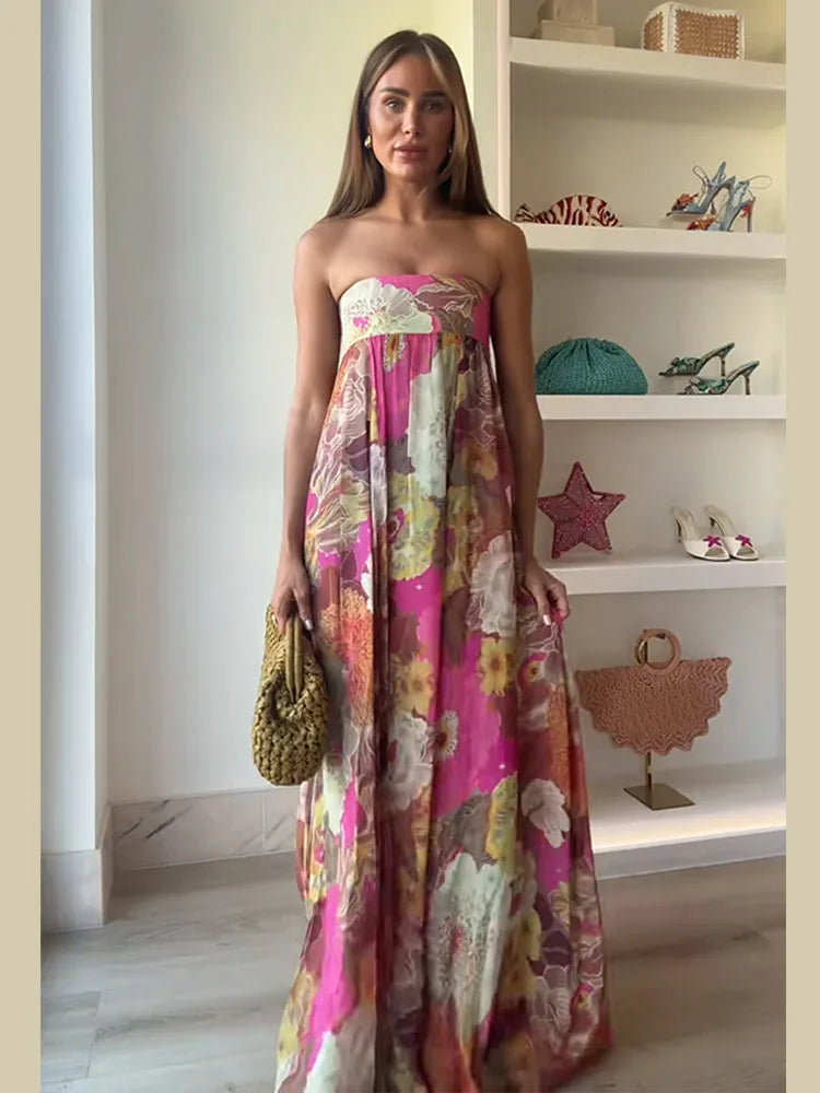 Angel Floral Print Tube Long Dress Women's Fashion Slim Sleeveless Backless Pleated A-line Dresses 2025 Evening Party Gowns
