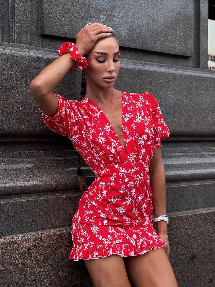 Fiona Floral Print Casual V-neck Puff Sleeve Waistband Ruffle Hem Mini Dress