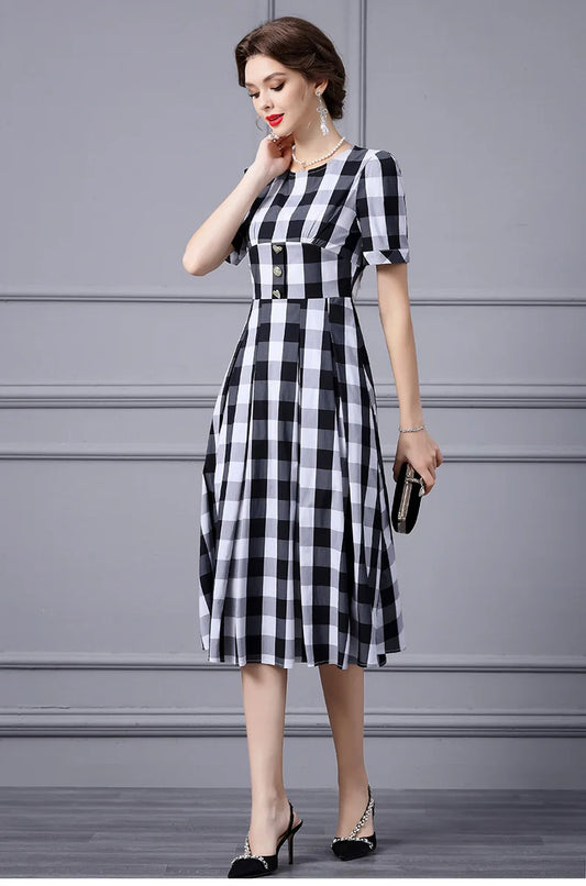 Julissa Black And White Plaid Dress High Waist Slim Mid-Length Dress