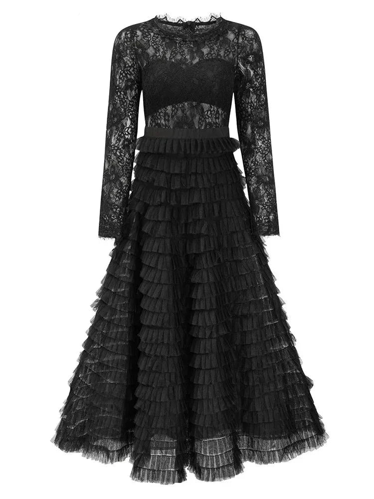 Lydia  Hollow Lace Spliced Round Neck High Waist Long Sleeve Elegant Dress