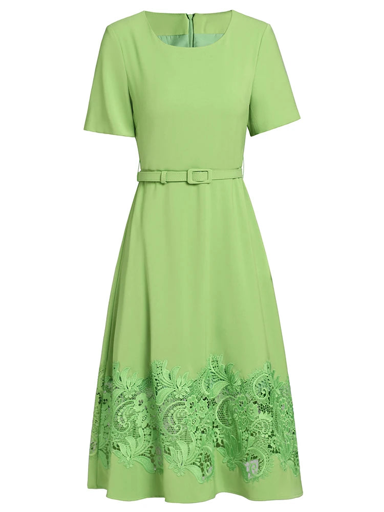 Jayda O-Neck Short sleeves Sashes Hollow Out Embroidery High Street Dress