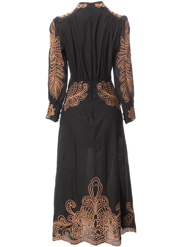Kallie Stand Collar Lantern Sleeve Embroidery Vintage Slit Dress
